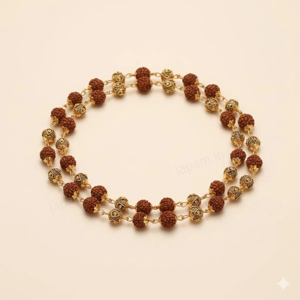 Premium Mukhi Rudraksha Mala with Gold-Plated Designer Beads