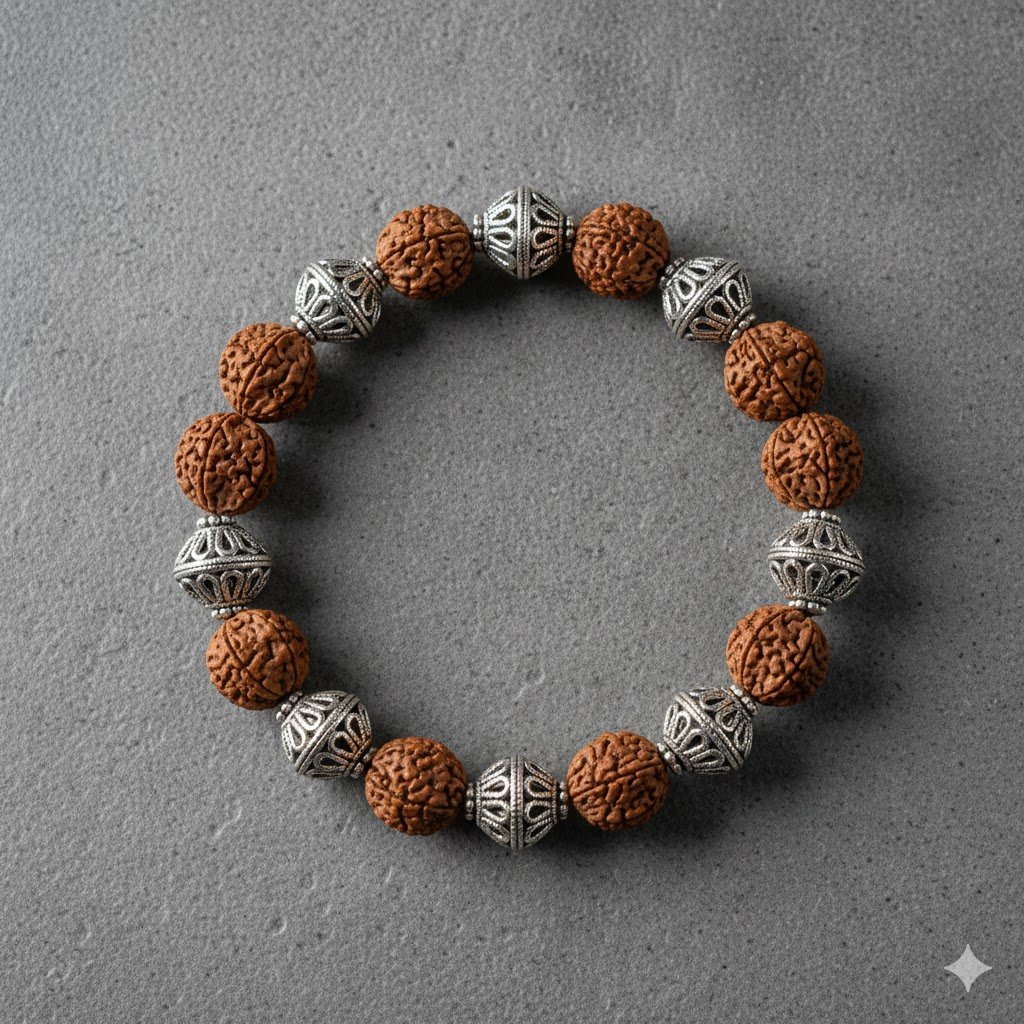 Premium Rudraksha Bracelet with Oxidized Silver Designer Beads